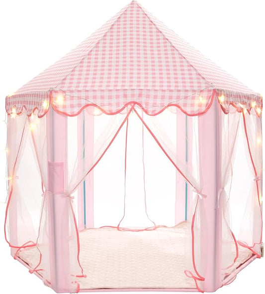 Princess Play Tent, Large Playhouse Castle Play Tent with Mat, Star String Toy, Indoor and Outdoor Games, for Children, Kids, Girls, Pink Plaid, 53" x 53" x 51", Pink