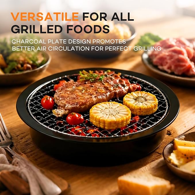 Korean Cookware Aburi Stove Top Grill Pan, Round Cooking Chamber Indoor BBQ Japanese Grill Pan, Includes Two Steel Screens & Grill Plate Handle, Outdoor Camping Grilling, Picnic Cooking, Black