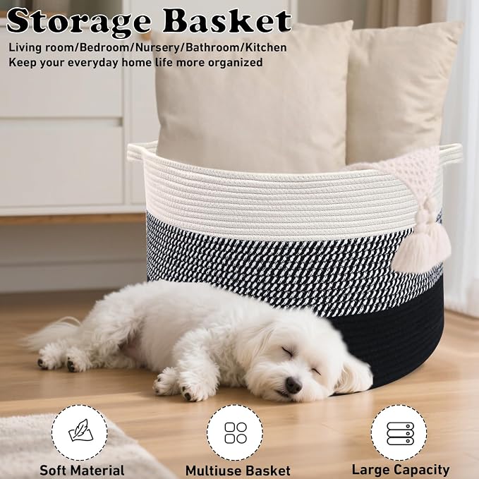 65L Large Blanket Basket,Woven Rope Laundry Basket-Mixed Black | Collapsible Nursery Storage Bin with Sturdy Handles, Organizes Clothes, Toys and Pillows for Living Room, Bedroom, Bathroom