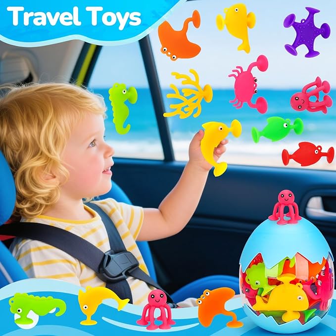 Toddler Suction Cup Bath Toys, Ocean Animal Bath Toys for Kids Ages 1-3 3-5 4-8 Mold Free Bathtub Window Building Travel Toys Valentines Gifts Easter Basket Stuffers for 2 3 4 5 Year Old Boys Girls