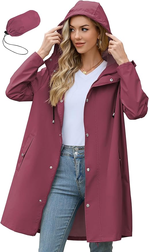 Zando Long Packable Rain Jacket Women Waterproof Raincoat with Hood | Relaxed-Fit Lightweight Windbreaker for Women; Travel Rain Coats for Commute, Hiking, Cruise, and Daily wear