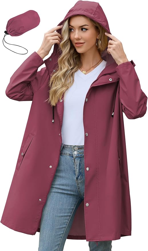 Zando Long Packable Rain Jacket Women Waterproof Raincoat with Hood | Relaxed-Fit Lightweight Windbreaker for Women; Travel Rain Coats for Commute, Hiking, Cruise, and Daily wear