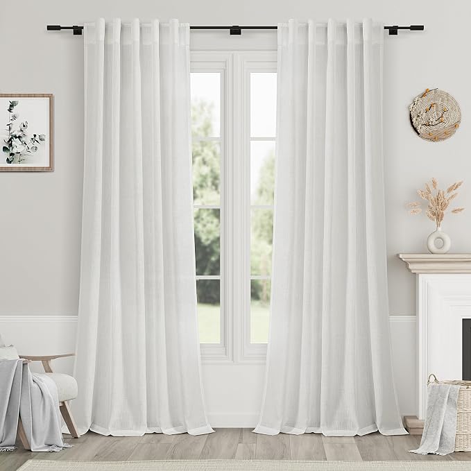 Off White Linen Curtains 90 Inches Long for Living Room Back Tab Rod Pocket Semi Sheer Light Filtering Neutral Solid Drapes Modern Rustic Farmhouse Decor Curtains for Dining Room 2 Panels Set 40x90