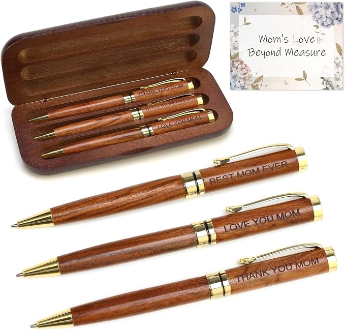 Renawe Cool Wooden Pens with Pen Box Gift for Mom, Mother In Law, Christmas, Mother's Day, Birthday Ideas, Cute Engraved Pens, Unique Presents for New Mom from Daughter Son