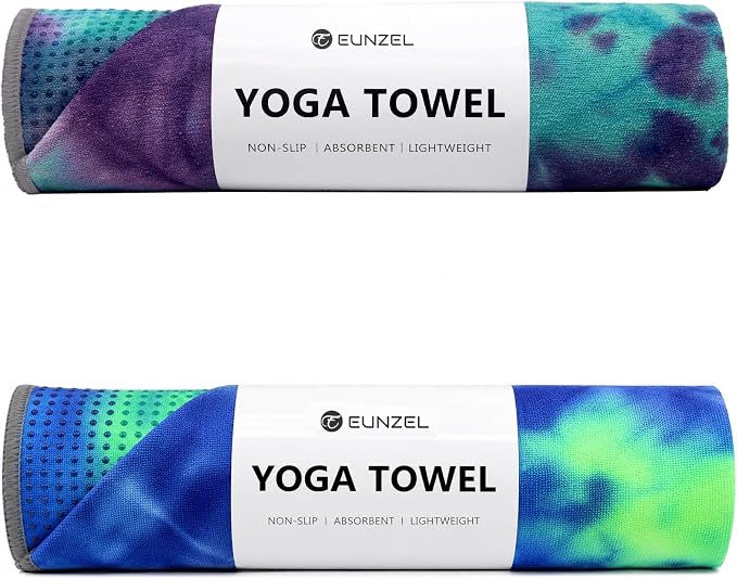 Eunzel 2 Pack Yoga Towel,Hot Yoga Mat Towel with Grip Dots Sweat Absorbent Non-Slip for Hot Yoga, Pilates and Workout 24" x72, Zen Ocean & Mystic Aurora