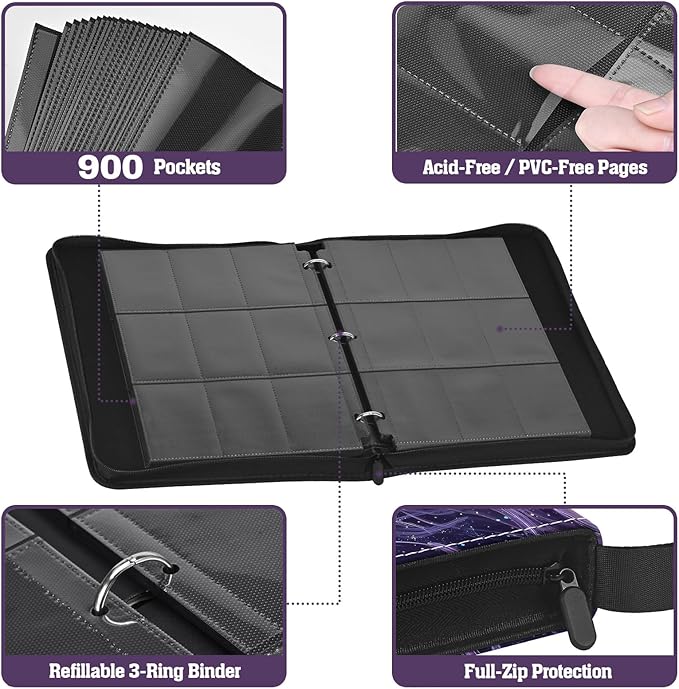Trading Card Binder 900 Slots, 3-Ring Refillable 9-Pocket Album, 50 Top-Loading Pages, Zippered Case with Strap, Acid-Free PVC-Free, Fits 2.5 x 3.5 in Cards, TCG