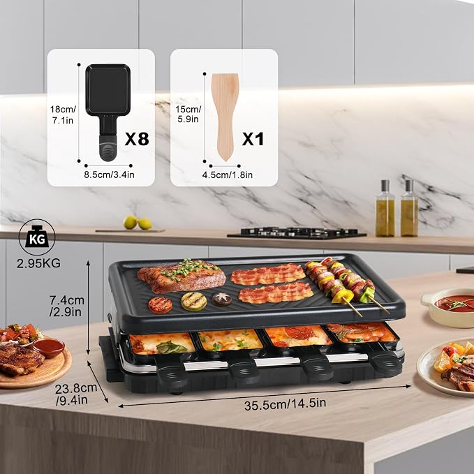 Raclette Grill, Raclette Table Grill, Korean BBQ Grill Indoor, 8 Trays | 1300W Adjustable Temperature Control, 8 Nonstick Cheese Pans, Dishwasher Safe for Family Dinners and Parties