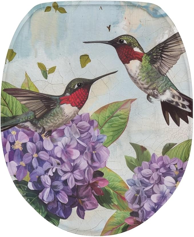 Hummingbird and Hydrangea Toilet Seat Cover, Suitable for Most Round and Elongated Toilet Lid, Soft Flannel and Dustproof Toilet Lid Cover