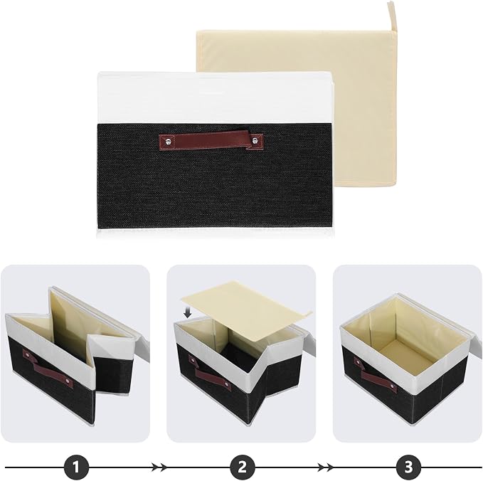 ANMINY Fabric Storage Box Bins with Lids, Black White, 10"x8"x7" | Keepsake Memory Storage, Cotton Linen, PP Board Reinforced, Washable, PU Handles, Foldable & Stackable, Decorative, Small