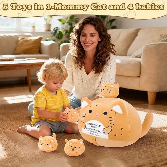 5 PCS Emotional Plush Potato Cat Stuffed Animal Family-19" Large Potato Cat Plush, Mommy Plushies with 4 Baby Kittens Plushies, Kawaii Pillow Christmas Birthday Gifts for Kids Boys Girls
