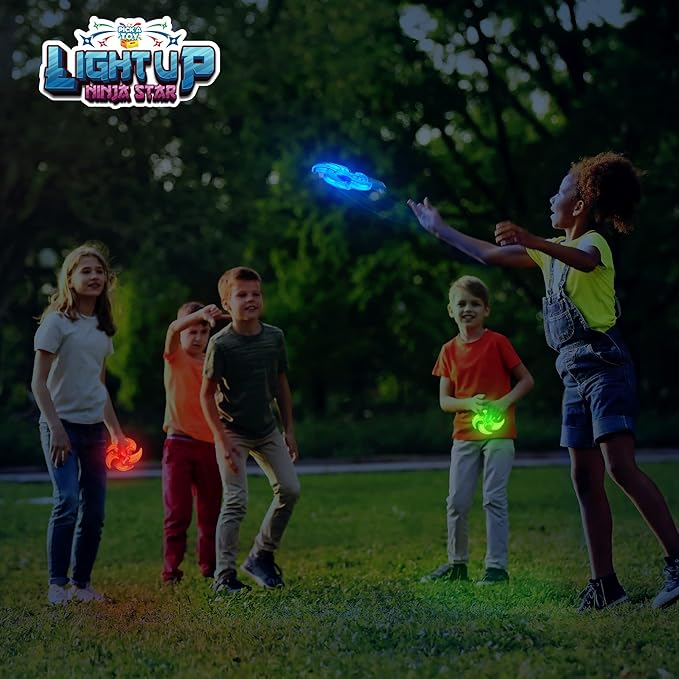 PICK A TOY Light Up Ninja Flyers Set, 3 LED Electronic Stars, Heavy Duty Rubber Throwing Discs, Fun and Interactive Kids Toys for Tossing, Games, and Play, 3 Colors, Includes Gift Box