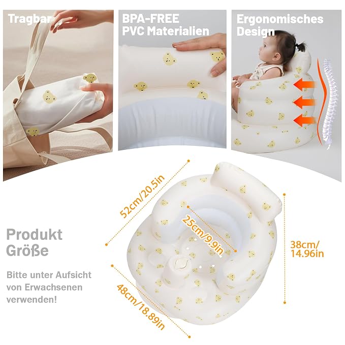 AirSwim Inflatable Baby Seat, Inflatable Baby Chair for Babies 3 Months and Up, Summer Blow Up Chair with Built in Air Pump, Infant Floor Seats for Learning to Sit, Palying, Camping, Bear Head