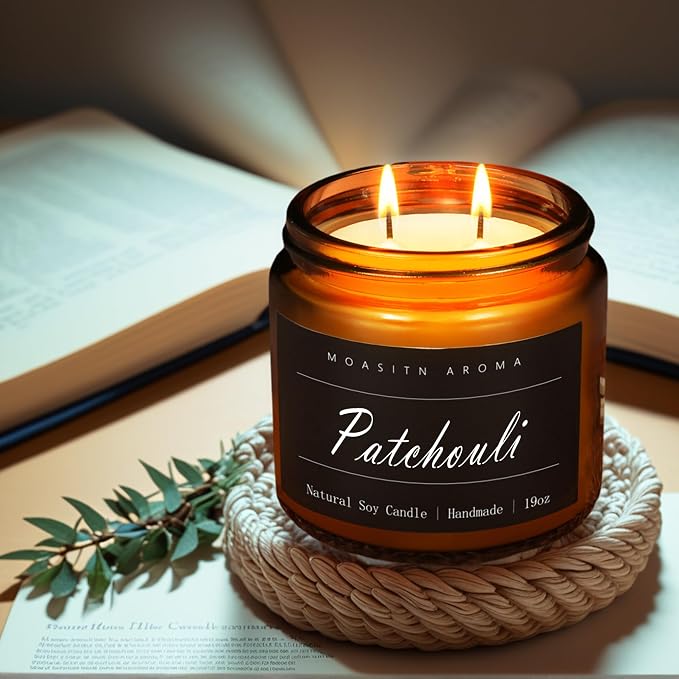 MOASITN Patchouli Large Heavenly Scented Candles for Home|19oz 100h Long Lasting Clean Burn|Natural Soy Aromatherapy Candle|2 Wick Jar Candle for Women,Men as Relaxing,Birthday,Housewarming Gifts