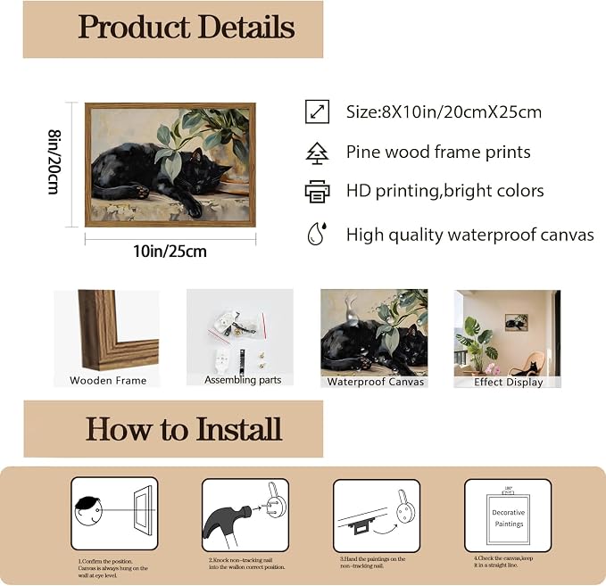 Framed Black Cat Canvas Wall Art, Vintage Sleeping Cat with Plant Picture Wall Decor Paintings, Cute Animal Poster Prints Rustic Aesthetic Home Decor for Living room Bedroom Bathroom 8x10 inch