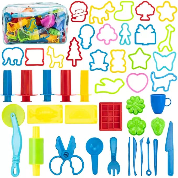 Dough Tools for Kids, 46Pcs Dough Tools Kit Include Assorted Colors Dough Accessory Molds Rollers Cutters Scissors and Storage Bag for Playing
