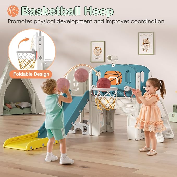 BIERUM 9 in 1 Toddler Slide Set - Baby Slide for Toddlers 1-3 with Ring Toss and Basketball Hoop, Indoor Outdoor Toddler Playset Playground Blue Yellow
