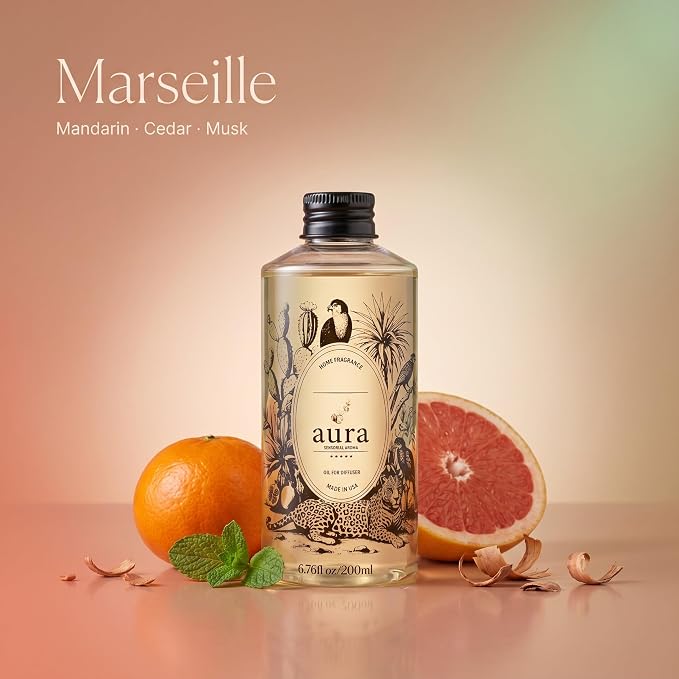 A U R A - Marseille Fragrance Oil for Waterless Scent Diffuser - Inspired by Loevve-Solo | (6.7 fl oz, 200 ml) Pure Essential Oil Blends for Aromatherapy Diffuser & Hotel Collection Oil Diffuser