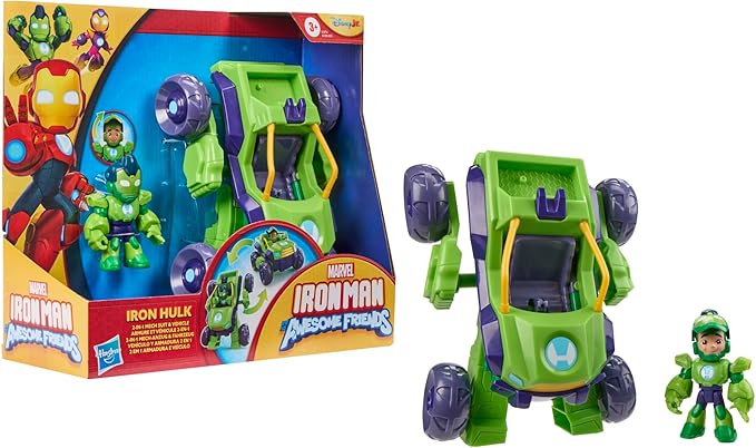 IRON MAN AND HIS AWESOME FRIENDS Marvel 2-in-1 Mech Suit & Vehicle, Action Figure & Toy Vehicle Set, 3-Inch-Scale Super Hero Toys, Ages 3+