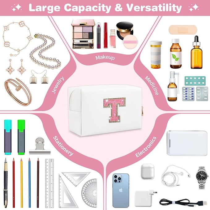 Small Initial Patch Makeup Bag Personalized Gifts Make Up Bag,White Cute PU Leather Glitter Letter Cosmetic Bag with Zipper,Trendy Portable Travel Toiletry Pouch,Preppy Stuff for Teen Girls Women T