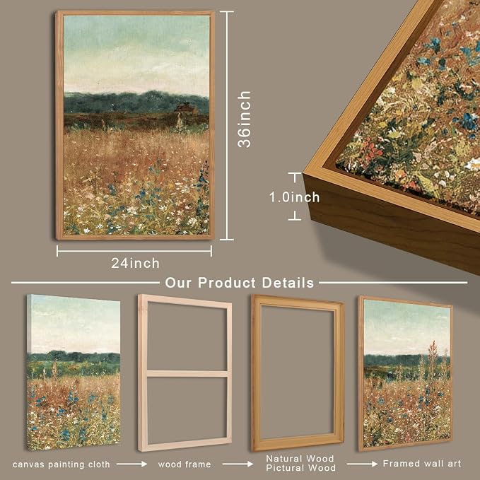 BINCUE Large Wildflower Wall Art Set Vintage Canvas Wall Decor Nature Wilderness Farmhouse Art Print for Living Room Bedroom Office 24x36 Inches