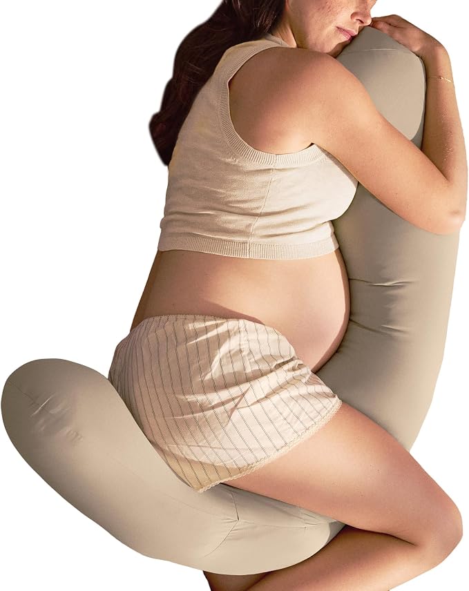 Frida Mom Compact Support 4-in-1 Pregnancy Pillow, Cooling Pregnancy Pillow, Twist & Bends into 4 Shapes for Comfort & Full Body Support, Compact Storage, Easy to Clean, Breathable, Storage Bag, Taupe