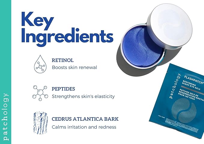 Patchology FlashPatch Restoring Night Eye Gel Patches with Retinol, Squalane & Peptides – Hydrogel Under Eye Masks for Fine Lines, Dark Circles & Puffiness – Overnight Eye Care (30 Pairs)