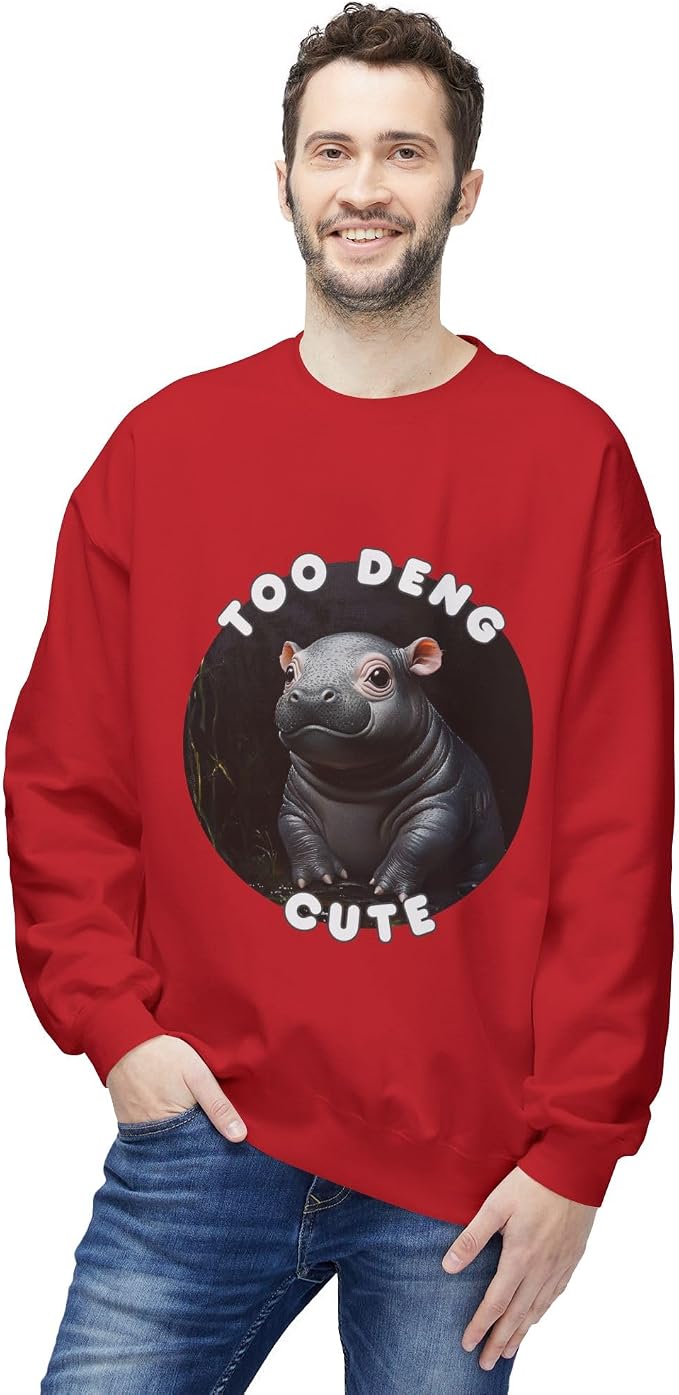 Unisex Fleece Crewneck Sweatshirt - Too Deng Cute Moo Deng Hippo, Cozy Cotton Blend, Classic Relaxed Fit