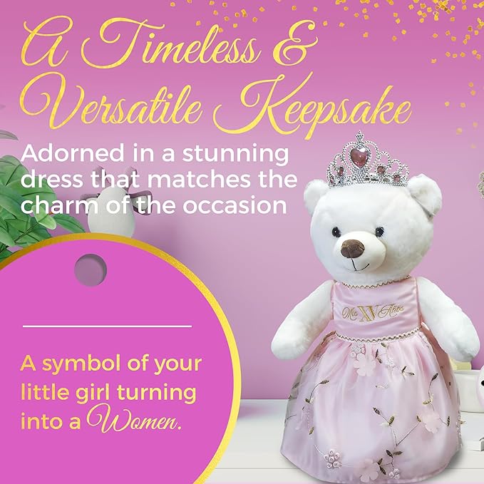 Quinceañera Teddy Bear 18-inches Tall with Dress for 15th Birthday, Quince Bear with Matching Crown, Ideal Keepsake for 15th Birthday, Mis XV Años - Pink