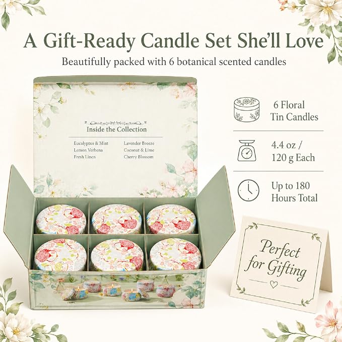 6 Pack Scented Candles Gift Set for Women, Soy Wax Tin Candles, 4 oz Each, 6 Fresh Botanical Scents, Up to 180 Hr Total Burn, Birthday Housewarming Thank You Gifts