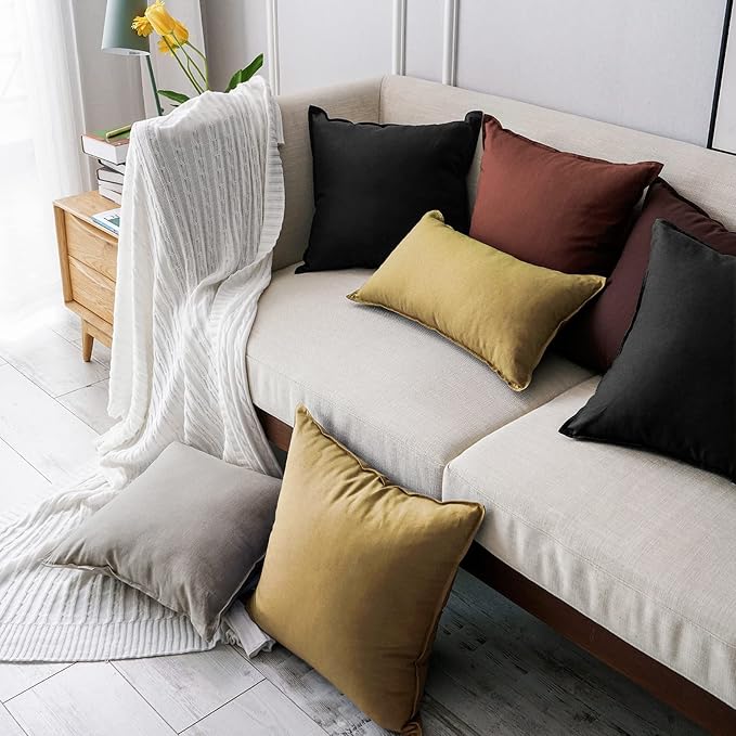 Jeanerlor 24" x 24" Natural Cotton Linen Soft Soild Decorative Square Throw Pillow Covers Green Set Cushion Case for Sofa Bedroom Car 60 x 60cm, Earth Yellow