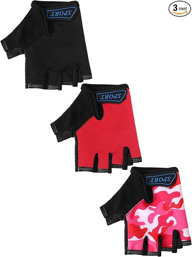 Boao 3 Pairs Kids Half Finger Bike Gloves Non-Slip Breathable Adjustable Birthday Gift for Boys Girls for Bike Workout