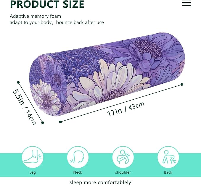 Cartoon Chrysanthemum Flowers and Lavender Neck Roll Pillow Bolster Round Health Memory Foam Long Cervical Cylinder Pillows with Removable Washable Cover for Body Bed Legs Back Yoga