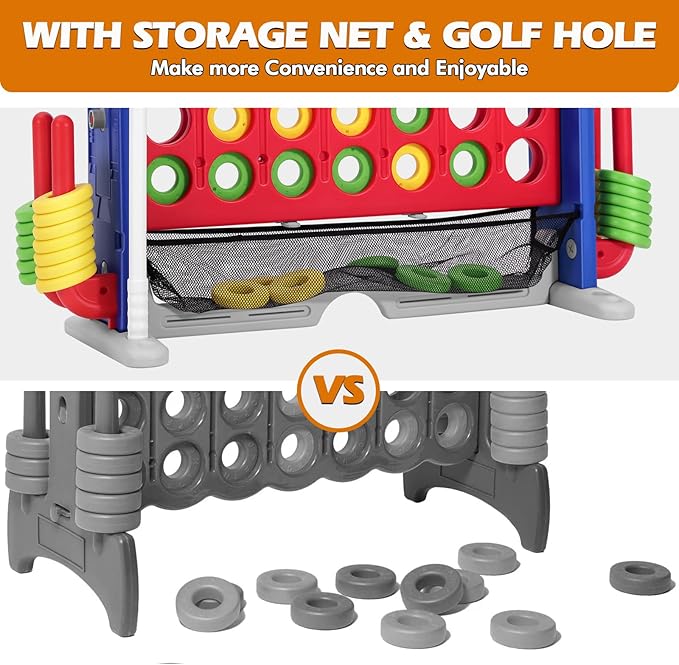 JOYLDIAS Jumbo 4-to-Score Giant Game Set, 4 in a Row Game with Ring Toss, Golf & More, 3.5FT Tall Indoor/Outdoor Connect Game with 42 Jumbo Rings & Quick-Release Slider, Holiday, Party & Family Games