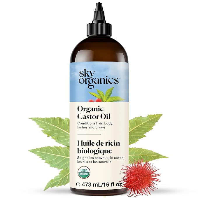 Sky Organics - Castor Oil Organic - Volumizing Hair Oil - Scalp, Lashes, Brows - Pure Castor Oil Cold Pressed - Natural Conditioner - Omega Fatty Acids, Vegan - Beauty, Hair Care, & Self Care - 16oz