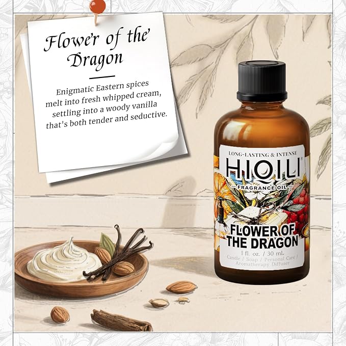 HIQILI Flower of The Dragon Fragrance Oil for Diffuser, Candle & Soap | Inspired by Td.Orient Fiore-deDrago, Vanilla Cream Scent, Ideal for Perfume & Linen Spray Making - 30mL / 1 fl.oz