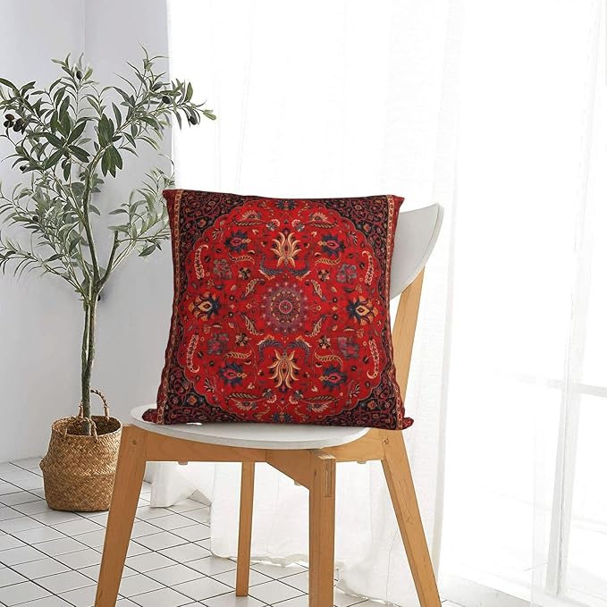 Antique Persian Rug Red Pillow Covers Decorative Square Throw Pillowcase 18x18 Inch Couch Cushion Cover for Home Decor Living Room Bedroom College Dorm Bed Car Sofa