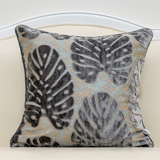 Alerfa 20 x 20 Inch Square Leaf Pillow Embroidery Cut Velvet Cushion Case Luxury Modern Lumbar Throw Pillow Cover Decorative Pillow for Couch Sofa Living Room Bedroom Car, Gray Silver