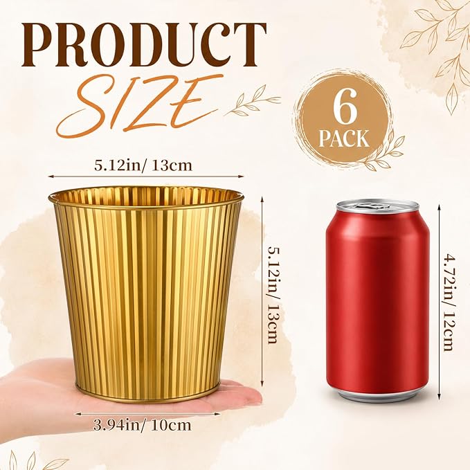 Havawish 6 Pcs Small Gold Metal Bucket Vases for Centerpieces | 5.1 Inch Ribbed Vintage Planter Plant Pots for Wedding Table Garden Birthday Party Decorations