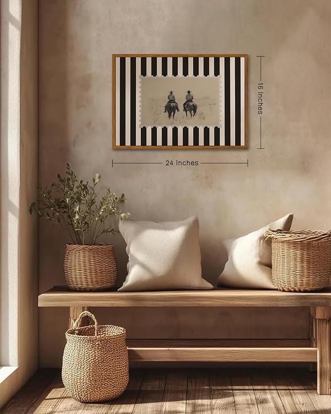ZZLWBKGL Western Wall Decor Vintage Framed Wall Art Cowboy Canvas Art | Rustic Striped Artwork Retro Stamp Picture Mid Century Paintings for Living Room Bedroom 16x24in