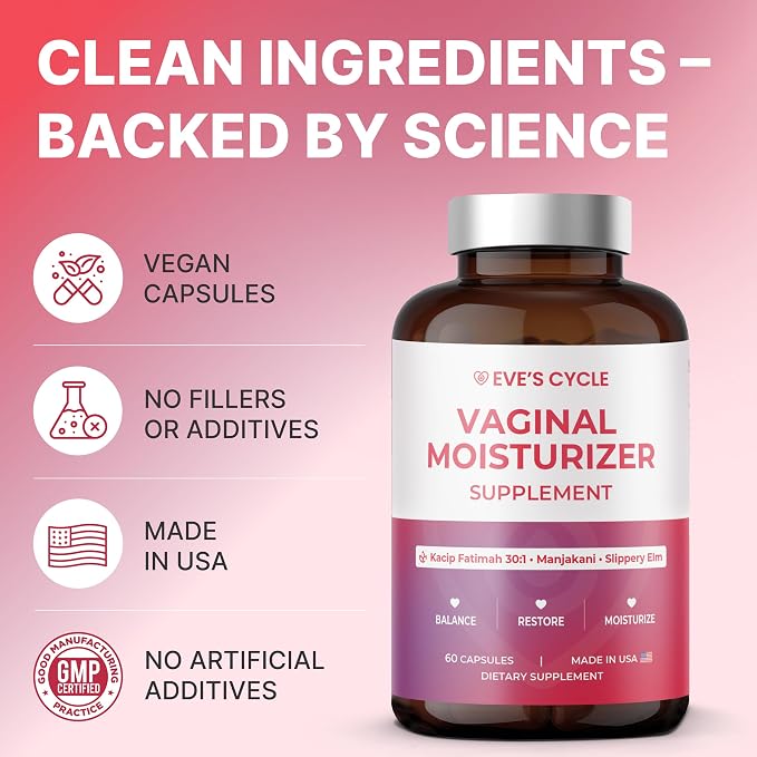Eve's Cycle Vaginal Moisturizer + Tightening Supplement - Slippery Elm for Women, Kacip Fatimah, Manjakani for Vaginal Dryness - 60 Vegan Capsules - Made in USA