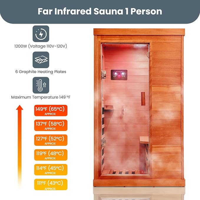 Sauna 1 Person Far Infrared Saunas for Home Low Emf Indoor Sauna | Wood Dry Sauna Room with Tempered Glass Door Speakers 7 Color Lighting Fast Heating Easy Assembly 35.2 * 27.6 * 61.6"