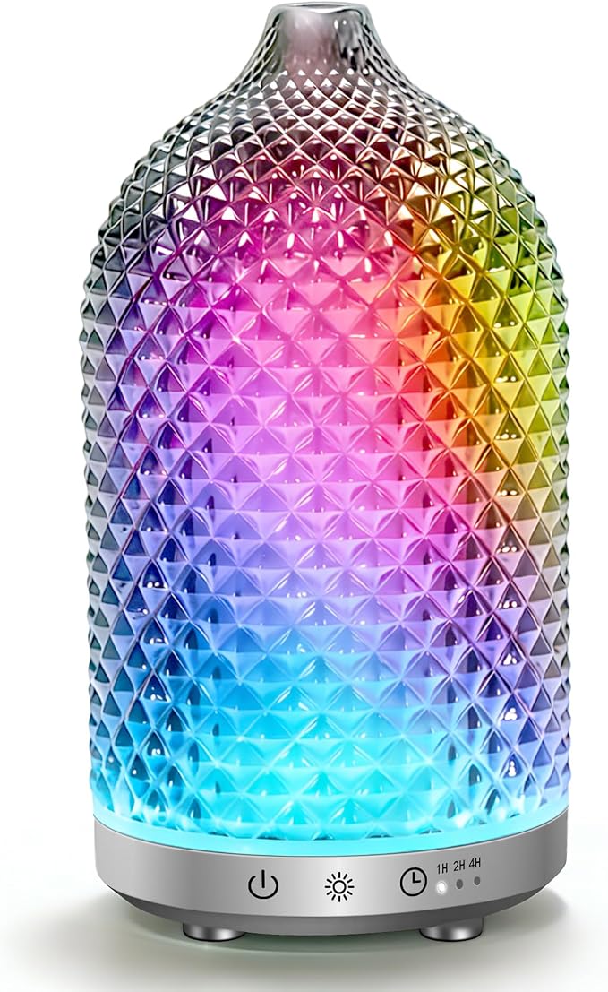 Essential Oil Diffuser 150ml, Glass Diffuser with Ultrasonic Small Humidifier, 7 Color Lights, 1/2/4H Timer, Quiet Auto Shut-Off Oil Diffuser for Bedroom, Home, Office (Silvery)