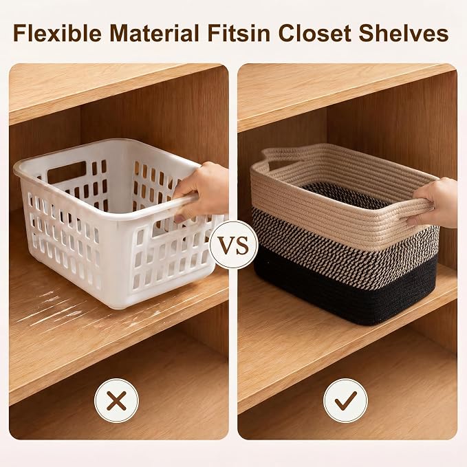 OIAHOMY Storage Basket, Woven Baskets for Storage, Cotton Rope Basket for toys,Towel Baskets for Bathroom - Pack of 3, Black & Brown