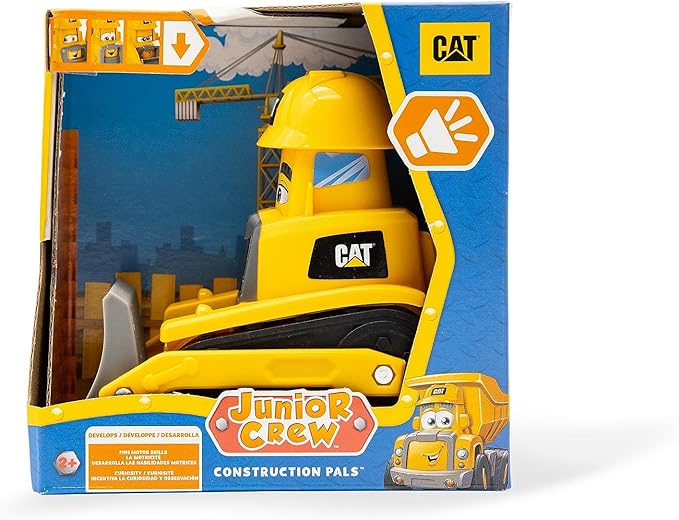 CAT Construction Toys, Junior Crew Construction Pals Bulldozer Educational Preschool Vehicle with Kid Vroom Sounds and Animated face. for Ages 2+