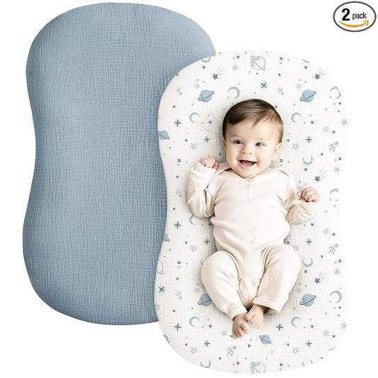 Konssy Muslin Baby Lounger Cover 2 Pack, 100% Cotton Newborn Lounger Cover, Soft and Breathable Baby Nest Slipcover for Boys Girls (Star,Blue)