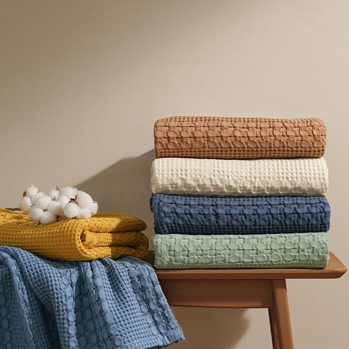 PHF 100% Cotton Waffle Weave Throw Blanket, Lightweight Breathable Summer Blanket for Couch Sofa, Pre-Washed Soft Throws for Bed, Office, Travel & Stylish Home Decor, 50"x60", Natural