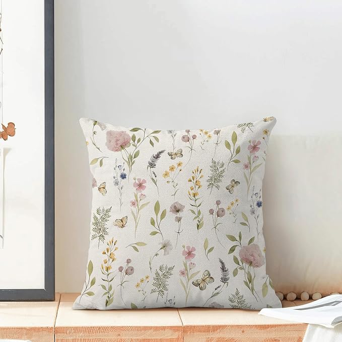 Spring Pillow Covers 18x18 Inch Set of 2, Sage Green Pink Wild Flower Throw Pillows Case,Colorful Seasonal Floral Plant Outdoor Decorative Farmhouse Decor Cushion Covers for Home Sofa Bed Couch