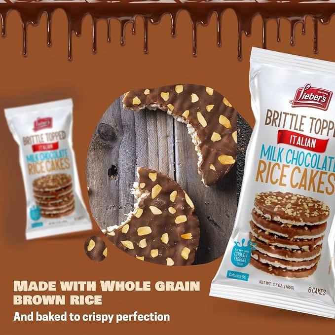 LIEBERS Thin Milk Chocolate Rice Cakes, Brittle Topped, Gluten Free, 3 Pack | Kosher Certified Dairy Snack Made with Whole-grain Brown Rice, Crispy, Crunchy and 60 Calories or Less per Cake.