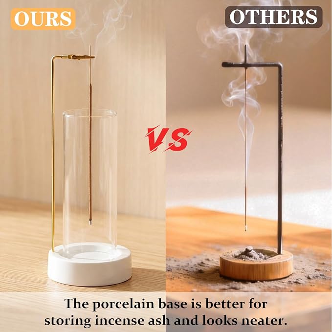 CEREMONY Incense Holder, Ceramic Incense Holder for Sticks with Glass Ash Catcher, Incense Burner for Meditation Yoga Spa Room Decor(Beige)