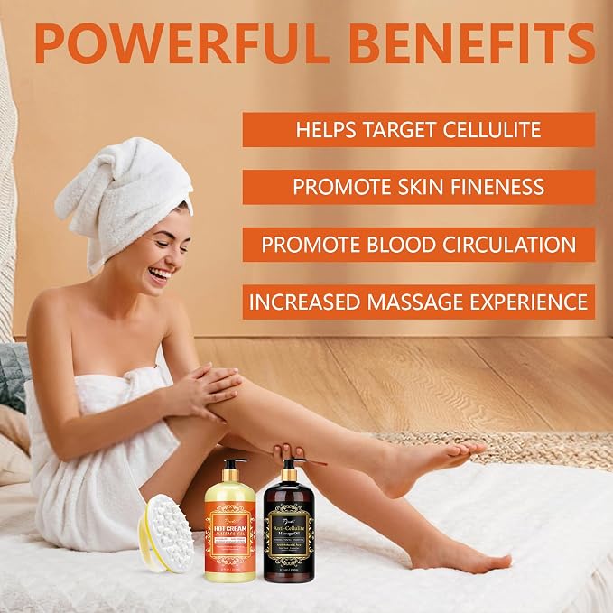 Pjordo Anti Cellulite Massage Oil & Hot Cream Set with Massager, Natural Cellulite Remover, Oil & Massager for Legs Arms and Butt, Firm, Tighten & Moisturize Skin Soothes Muscles (8 Fl Oz)